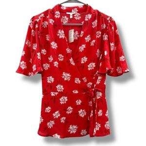 Maurices Red & White Floral‎ Print Short Sleeve Wrap Top Sz S NEW FLAWED